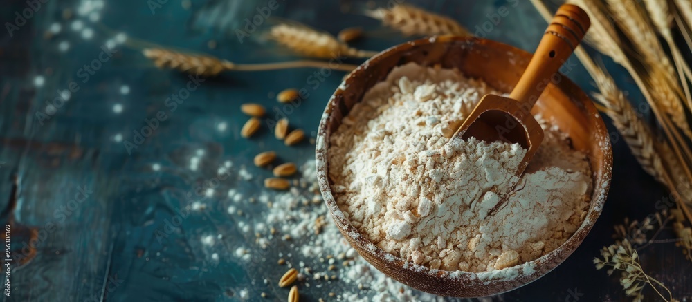 Poster rustic background with a wooden spoon holding flour and wheat grains in a bowl perfect for a copy sp