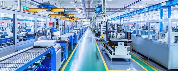 Automated car manufacturing assembly line. manufacturing plant with robotic arms and white car bodies in production illustrating industrial automation, banner - obrazy, fototapety, plakaty