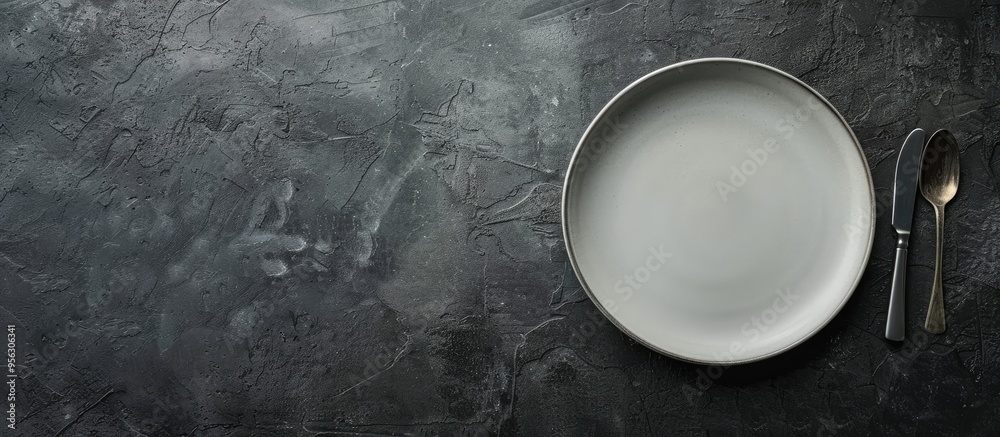 Leinwandbilder dark textured concrete background with a round ceramic plate and cutlery setting the scene for dinne