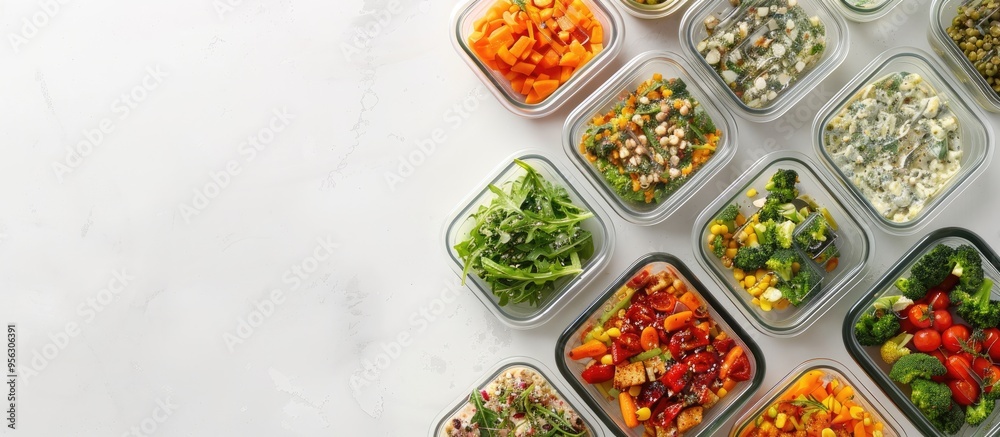 Leinwandbilder glass containers with various healthy meals beautifully arranged on a white background in a flat lay