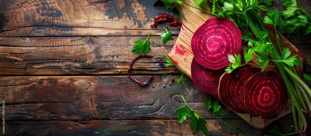 Aufkleber Boiled beetroot slices on a wooden cutting board with parsley leaves against a rustic backdrop for a copy space image