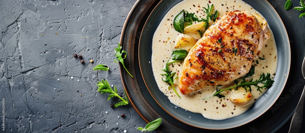 Poster a top down view of a table background displaying a baked chicken breast in creamy garlic sauce offer