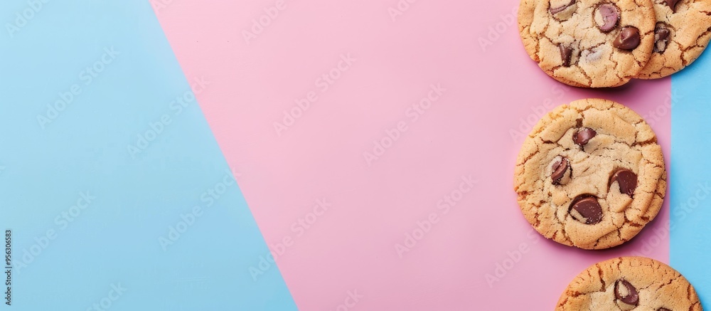 Poster Top view of cookies on a blue and pink background with copy space image