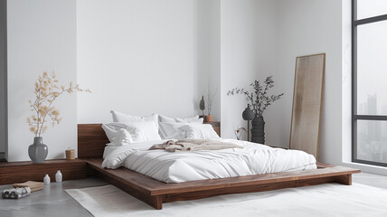 a minimalist bedroom with a low-profile bed and white bedding