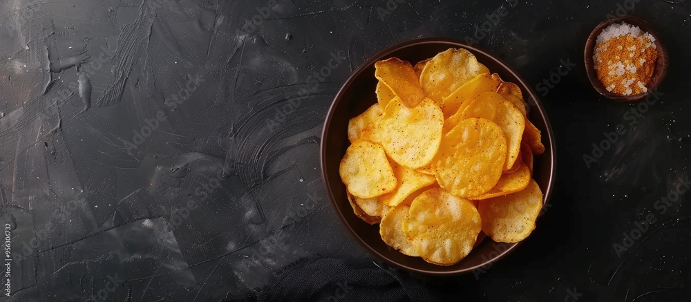 Aufkleber potato and paprika chips in a bowl served with mustard and salt on a dark textured background ideal 