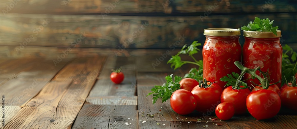 Poster table showcasing canned whole peeled tomatoes with juice and parsley including copy space image avai