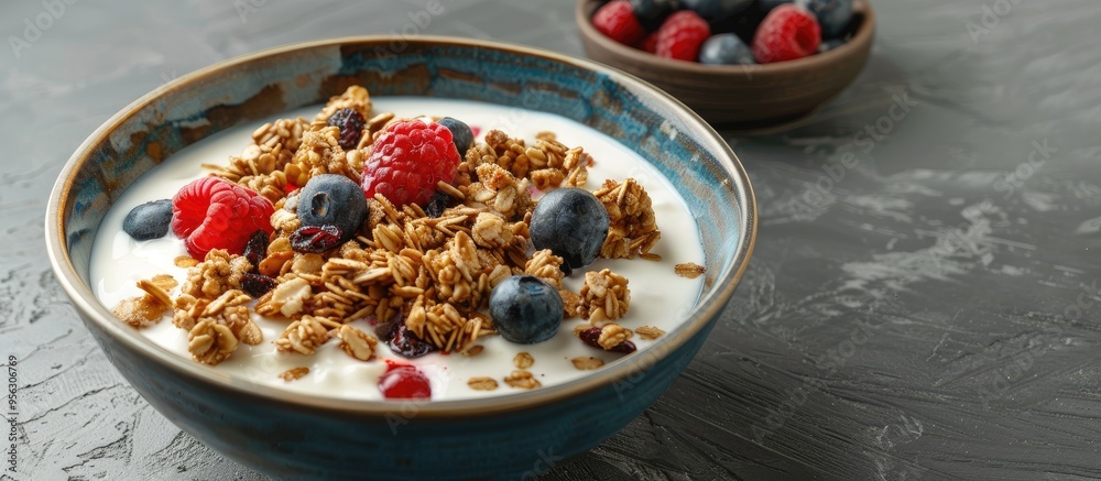 Poster closeup shot of a bowl of delicious granola with yogurt and berries on a textured grey table perfect