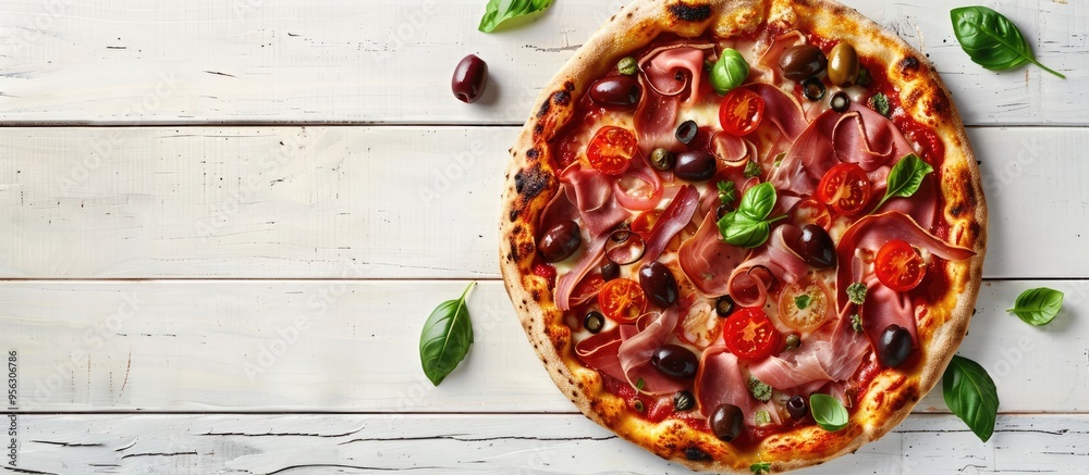 Poster A delicious pizza topped with cured ham olives tomatoes and basil arranged on a white wooden table in a flat lay composition with room for adding text in the image. Creative banner. Copyspace image