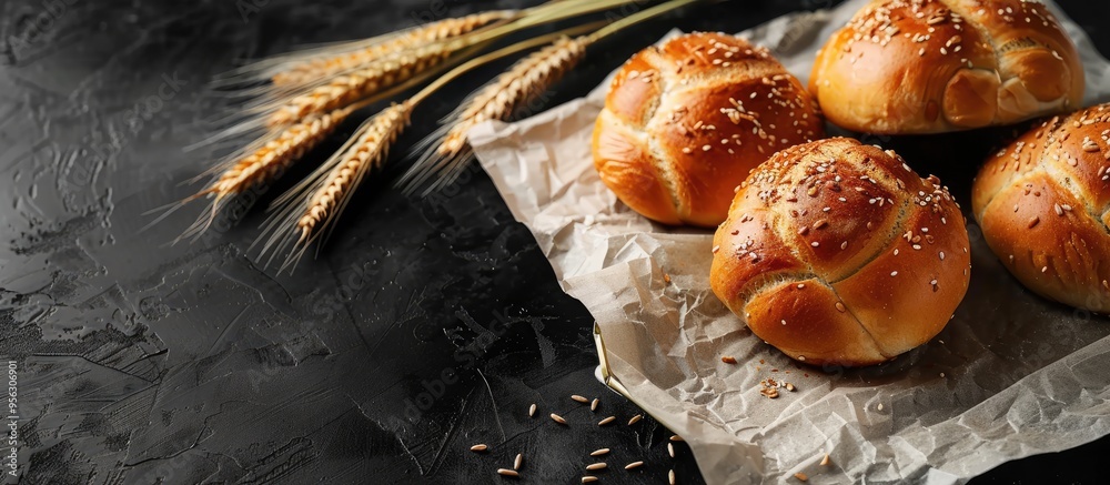 Aufkleber Delicious kaiser rolls and wheat ears on baking paper against a black background creating an appetizing copy space image