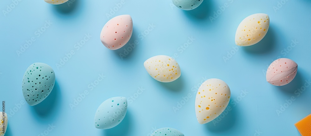 Aufkleber various makeup sponges displayed on a blue background with copy space image