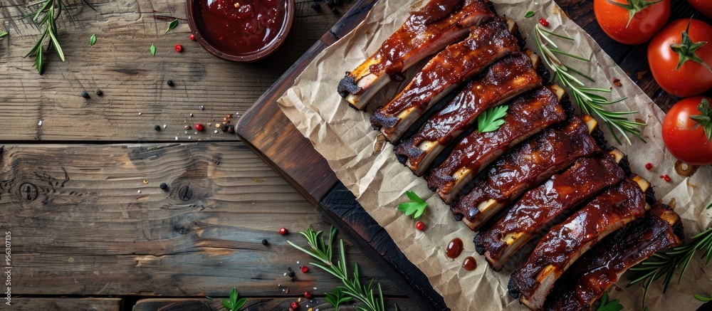 Aufkleber a deliciously prepared barbecue of fresh pork ribs on a rustic table with a scenic copy space image 