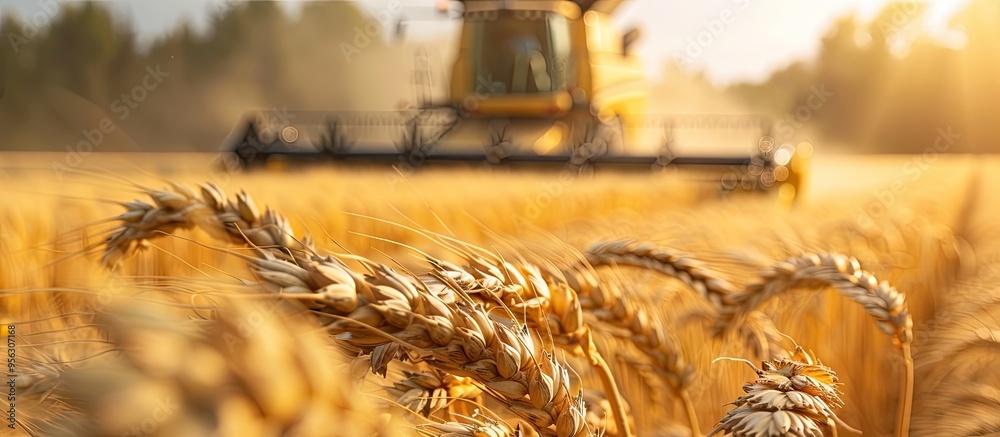 Poster A close up image of mature wheat in a farm field with a combine harvester in a blurred background providing ample copy space for additional elements