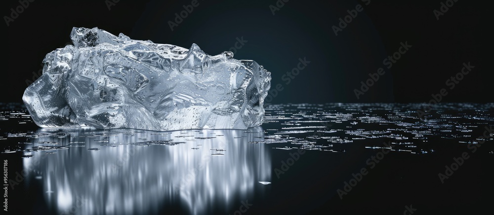 Aufkleber clear ice piece on reflective black surface with copy space image