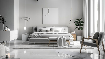 a minimalist bedroom with a monochrome theme and minimal furniture