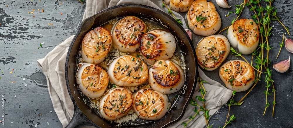 Poster Scallops cooked with garlic thyme and butter in a cast iron skillet with a gray background viewed from the top features ample copy space image