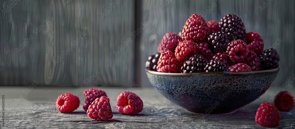 Poster Black raspberries arranged in a bowl on the left with a gray wooden table background on the right offering ample copy space image