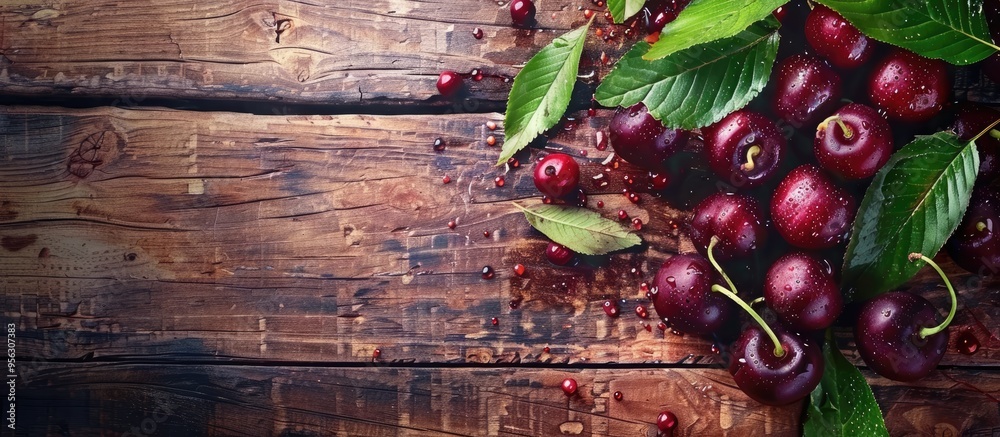 Poster fresh ripe cherries with leaves displayed on a textured wooden surface creating a visually appealing