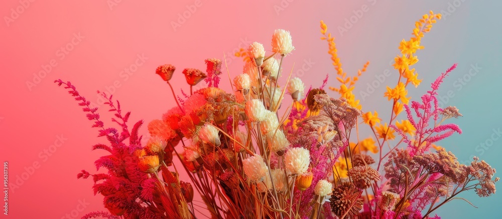 Poster floral arrangement featuring dried and artificial flowers set against a bright fluorescent backdrop 