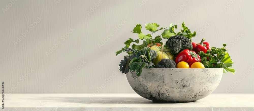 Poster a bowl filled with fresh organic produce on a white backdrop with room for text copy space image