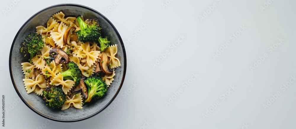 Poster Top down view of a dish featuring farfalle pasta roasted broccoli and sauteed mushrooms in a bowl on a white backdrop with empty space for text or images. Creative banner. Copyspace image