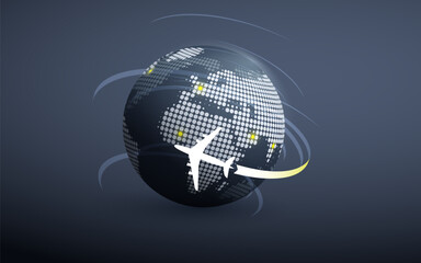 Naklejka premium Traveling Around the World - Travel by Airplane Concept - Dark Grey Spinning Earth Globe Design with Plane Flying Around