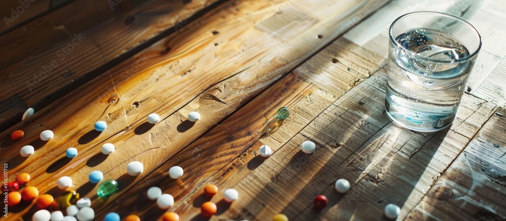 Poster Wooden table hosting various pills an organizer and a glass of water in close up view with available space for text alongside the image. Creative banner. Copyspace image