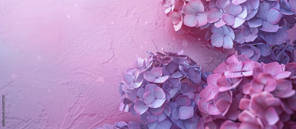 Poster purple hydrangea blooms set against a pink backdrop with ample space for additional imagery