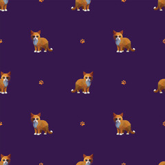 Vector seamless pattern of low poly paw prints on purple background. This pattern is ideal for creating textiles, wallpaper, packaging, or backgrounds for digital and printed materials.