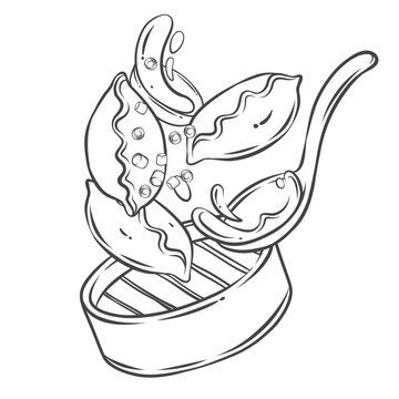 recommend clip art: Flying Dim sum box with dumplings line icon. Outline steamed hot buns and spoon falling on bamboo steamer. Asian food, Dimsum mascot, hand drawn basket of Chinese dumplings icon vector illustration