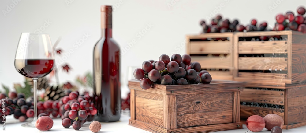 Poster Isolated on a white background wooden gift boxes with wine present a beautiful display creating a perfect copy space image