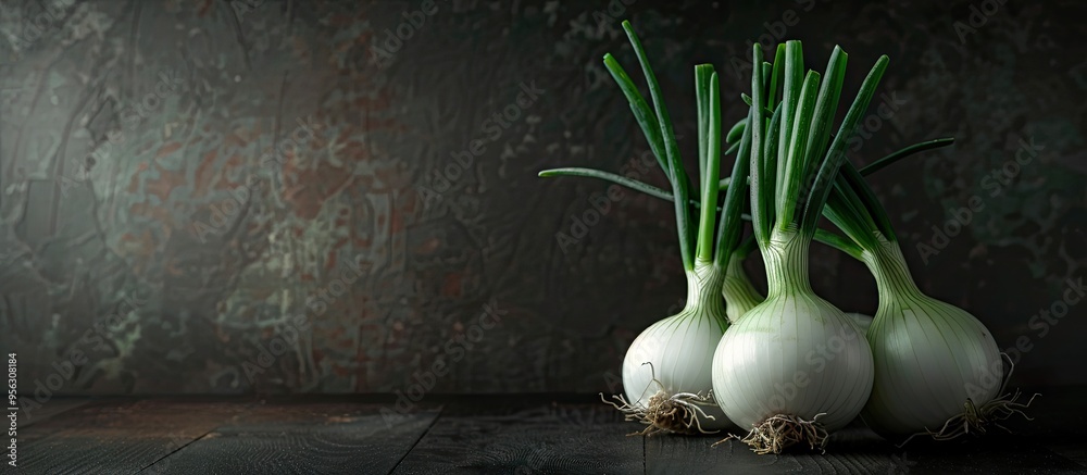 Poster Home grown sprouted onions displayed on a dark background with ample copy space image showcasing a raw and eco friendly food item