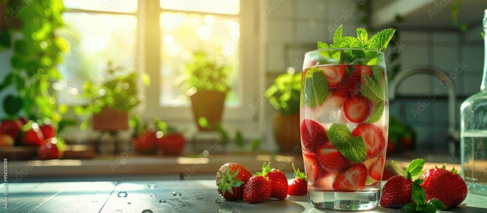 Poster a summery cocktail featuring strawberries and mint is on display in a well lit kitchen with a copy s