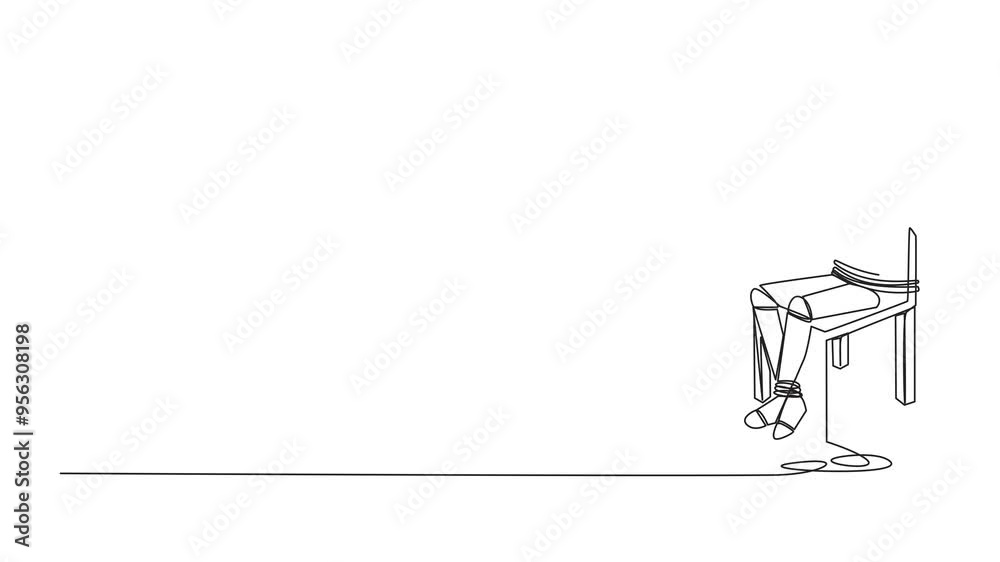 Poster animated self drawing of continuous one line drawing robot sits and helpless. used as material for a