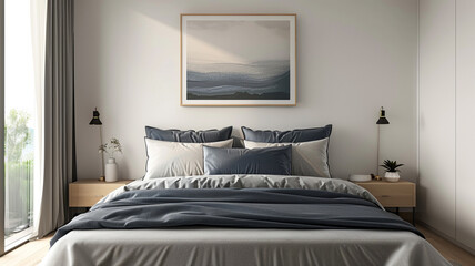 a minimalist bedroom with a single piece of artwork above the bed