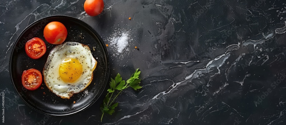 Poster a top down view of deep fried eggs and tomato on a black plate for food photography with copy space 