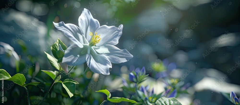Poster single aquilegia flower in a garden with copy space image