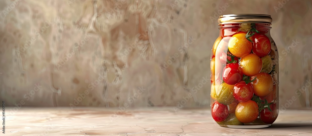 Poster A jar filled with delectable pickled tomatoes on a light backdrop with room for a caption or copy space image