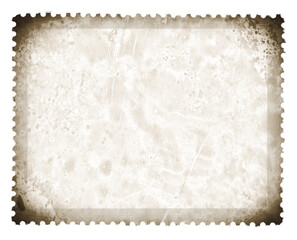 blank postage stamp frame with vintage photo lens vignette template with strong dust and splatters and wet plate technique on transparent background (png image). Useful for design, vintage film effect