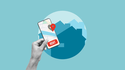 Mobile app to Rent house online. Smartphone in hand for Person searching rental home. Device screen with map locations to choose apartment or mansion