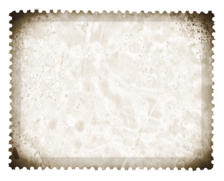 blank postage stamp frame with vintage photo lens vignette template with strong dust and splatters and wet plate technique on transparent background (png image). Useful for design, vintage film effect