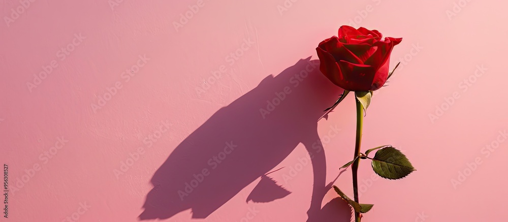 Poster A red rose with copy space image against a pink backdrop with negative space