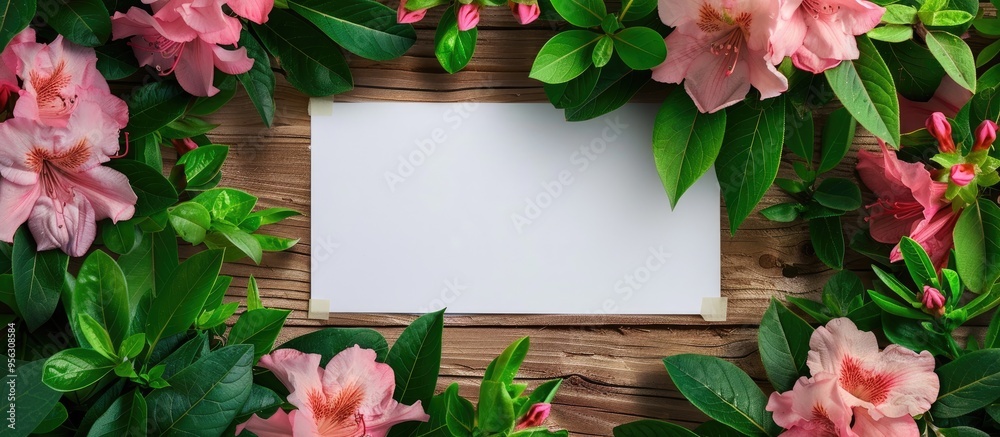 Poster Pink azalea and green basil flowers on a wooden surface with a blank paper sheet create a beautiful spring border in a top view copy space image