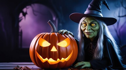 Halloween themed cartoon background featuring a pumpkin and a witch