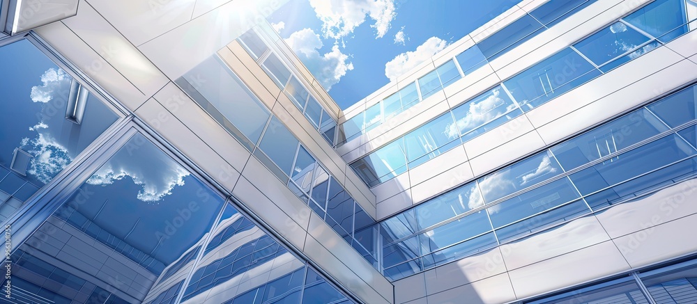 Aufkleber a corner of the hospital building with a view of the clear blue sky through a window perfect for a c