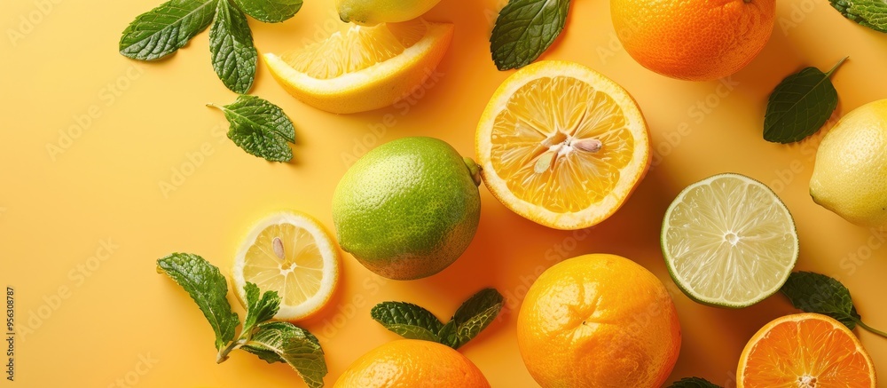 Wall mural Summer citrus fruits like orange tangerine lemon and lime with mint leaves on a yellow background create a trendy food concept with a top view layout featuring copy space image