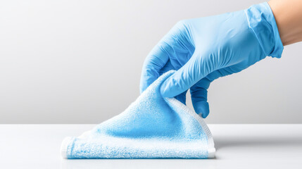 Fototapeta premium Close-up of a hand wearing a blue glove, cleaning with a microfiber cloth on a light surface, representing hygiene and cleanliness.