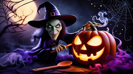 Halloween themed cartoon background featuring a pumpkin and a witch