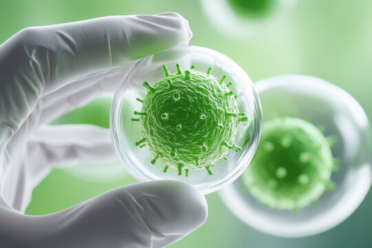 Close-up of a scientist's hand holding a transparent sphere containing a green virus, symbolizing microbiology and research advancements.