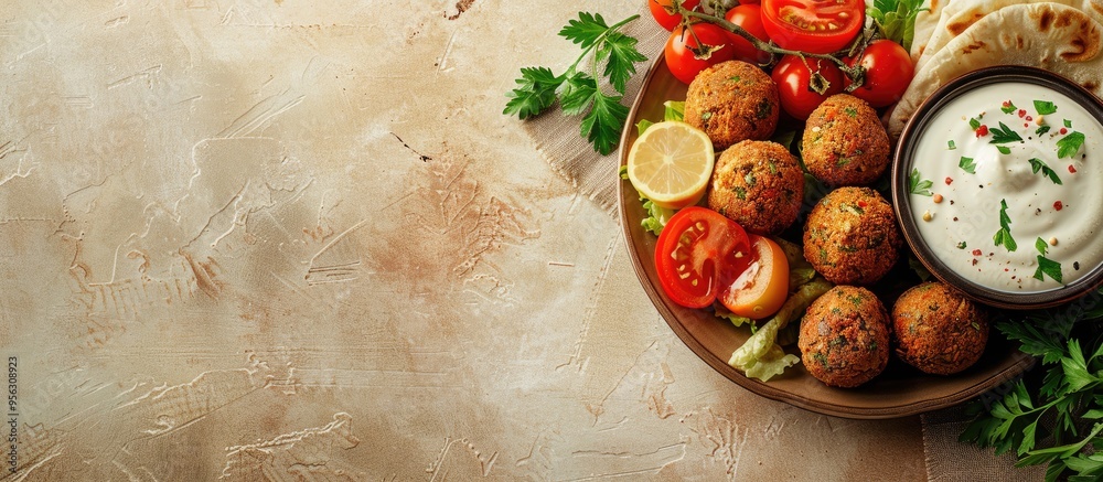 Sticker A plate with appetizing falafel tomato sauce and pita on a beige background with copy space image