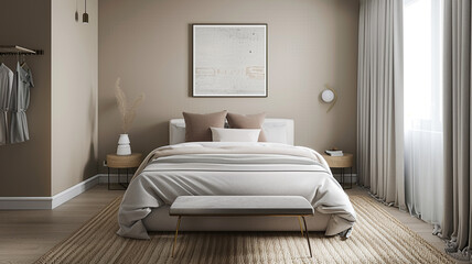 a minimalist bedroom with a single accent piece and neutral tones